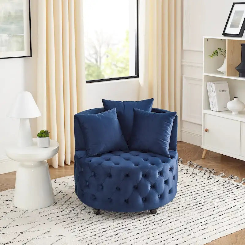 Fauteuil d'appoint capitonné moderne en velours pivotant avec roulettes