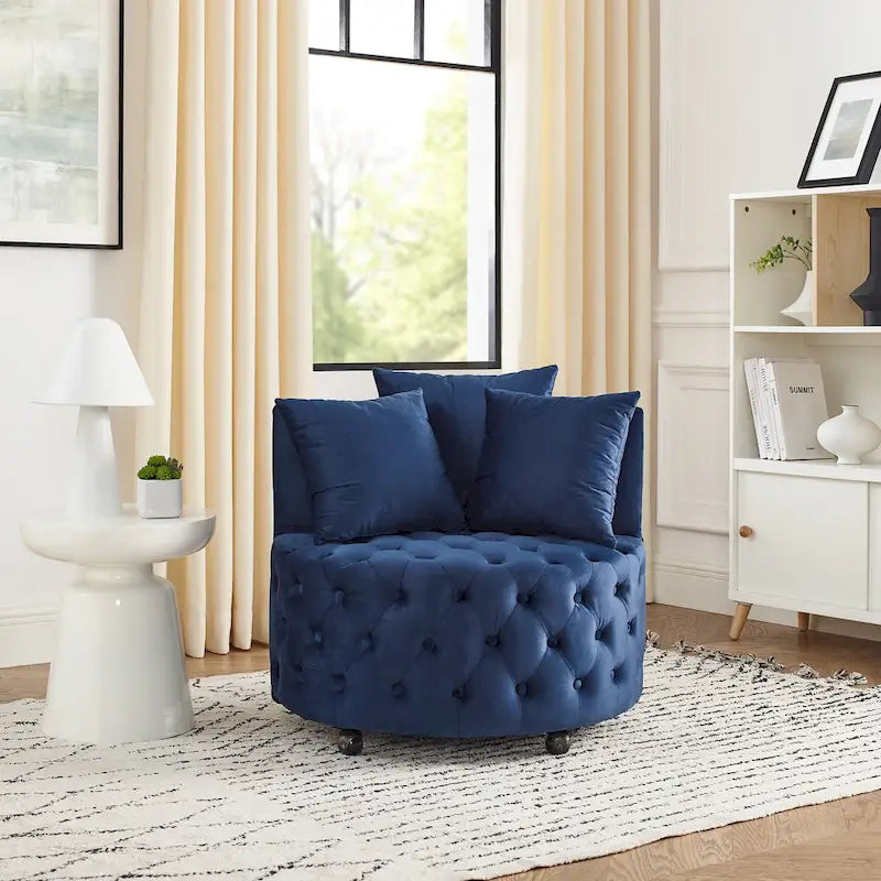 Fauteuil d'appoint capitonné moderne en velours pivotant avec roulettes