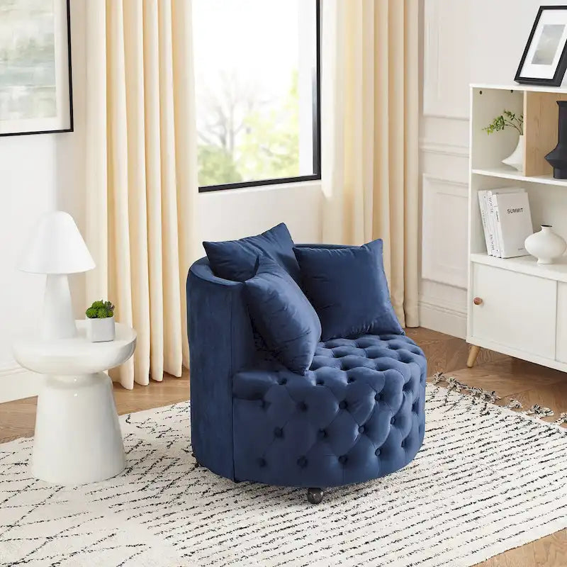 Fauteuil d'appoint capitonné moderne en velours pivotant avec roulettes