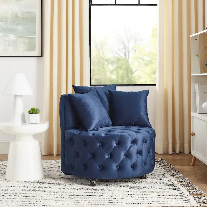 Fauteuil d'appoint capitonné moderne en velours pivotant avec roulettes
