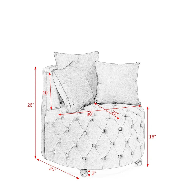Fauteuil d'appoint capitonné moderne en velours pivotant avec roulettes