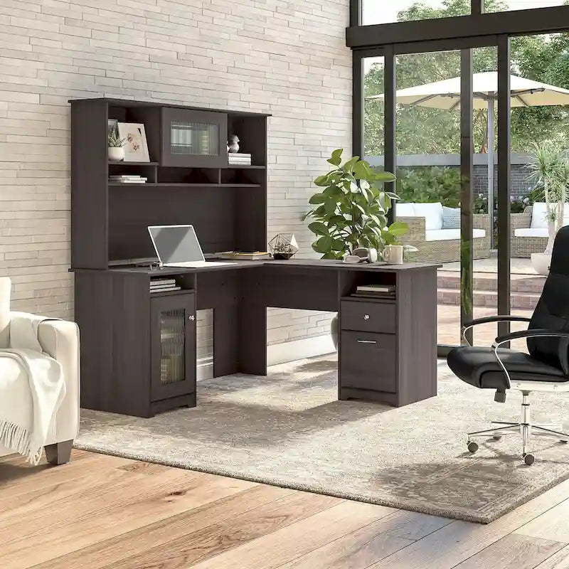 Bureau d'ordinateur d'angle en L de 60" avec huche et rangements