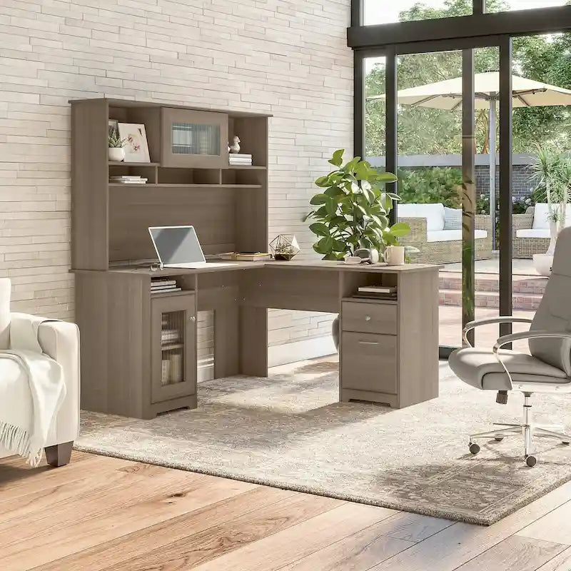 Bureau d'ordinateur d'angle en L de 60" avec huche et rangements