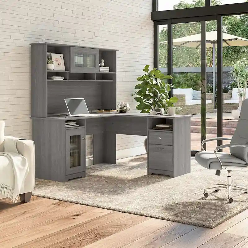 Bureau d'ordinateur d'angle en L de 60" avec huche et rangements