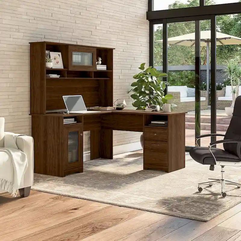 Bureau d'ordinateur d'angle en L de 60" avec huche et rangements