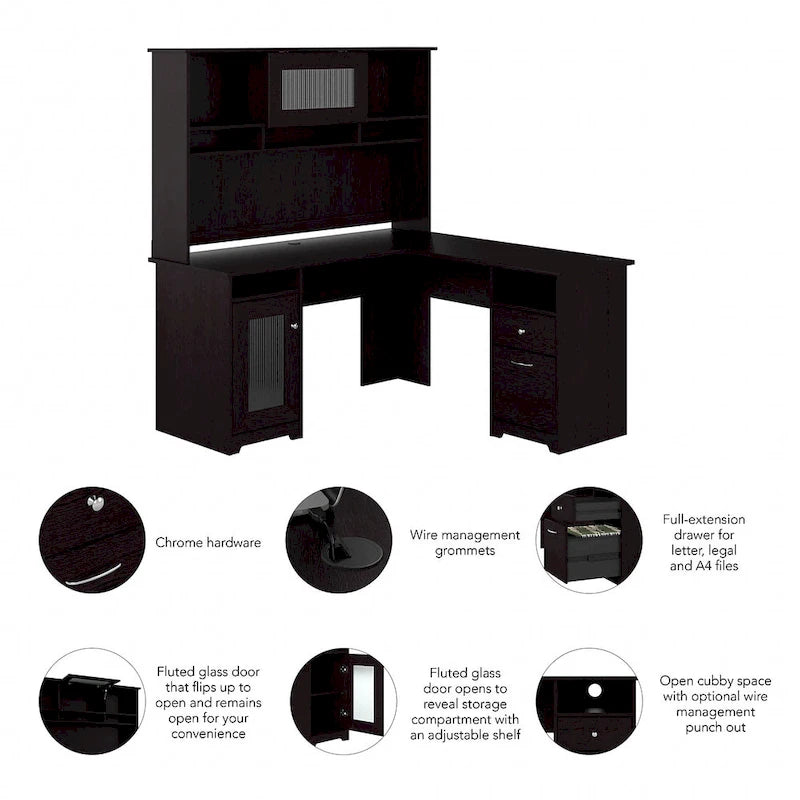 Bureau d'ordinateur d'angle en L de 60" avec huche et rangements
