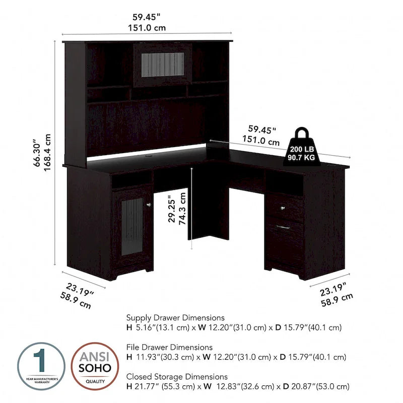 Bureau d'ordinateur d'angle en L de 60" avec huche et rangements