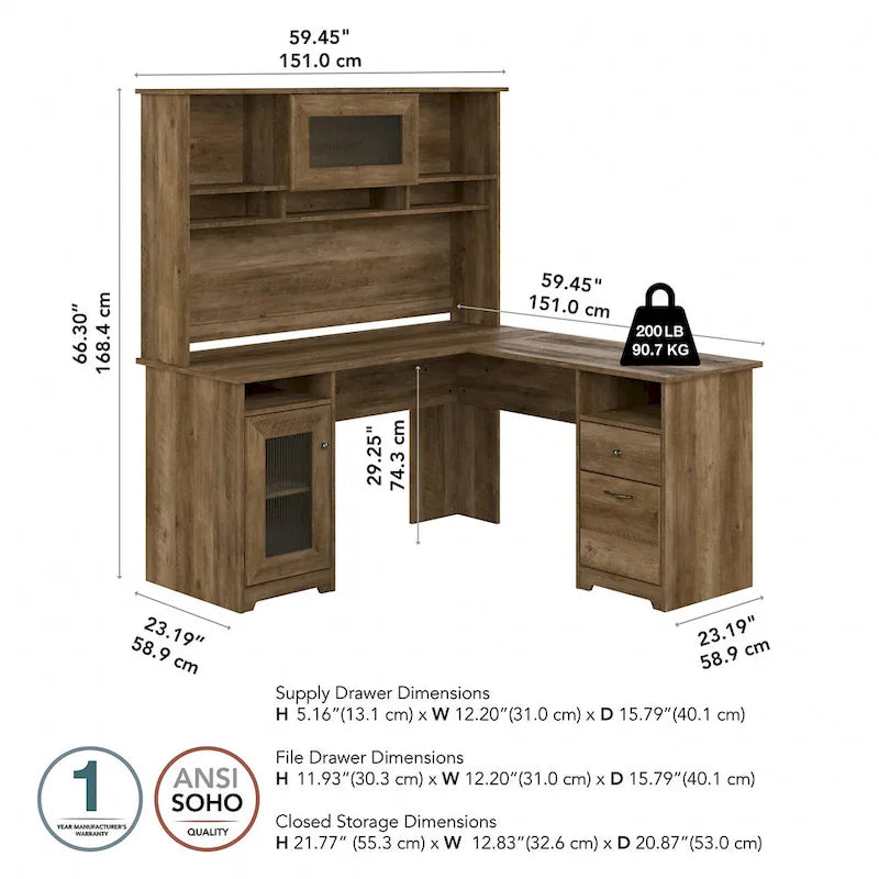 Bureau d'ordinateur d'angle en L de 60" avec huche et rangements