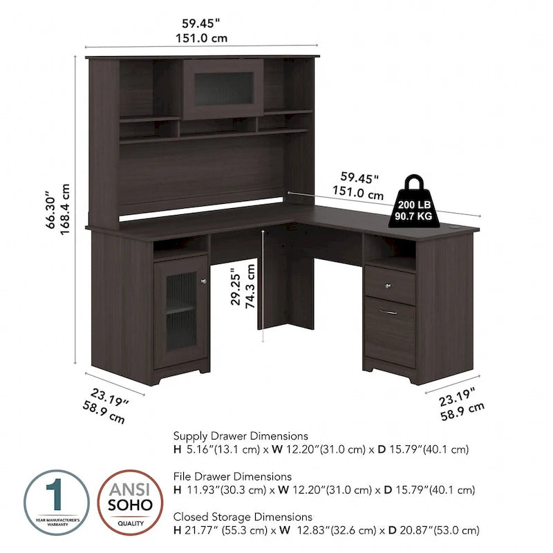 Bureau d'ordinateur d'angle en L de 60" avec huche et rangements