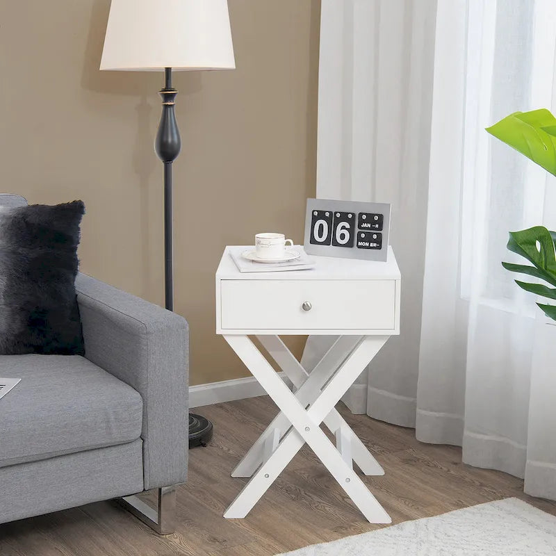 Table de chevet moderne en X avec tiroir et poignée ronde en métal – Blanc / Noir