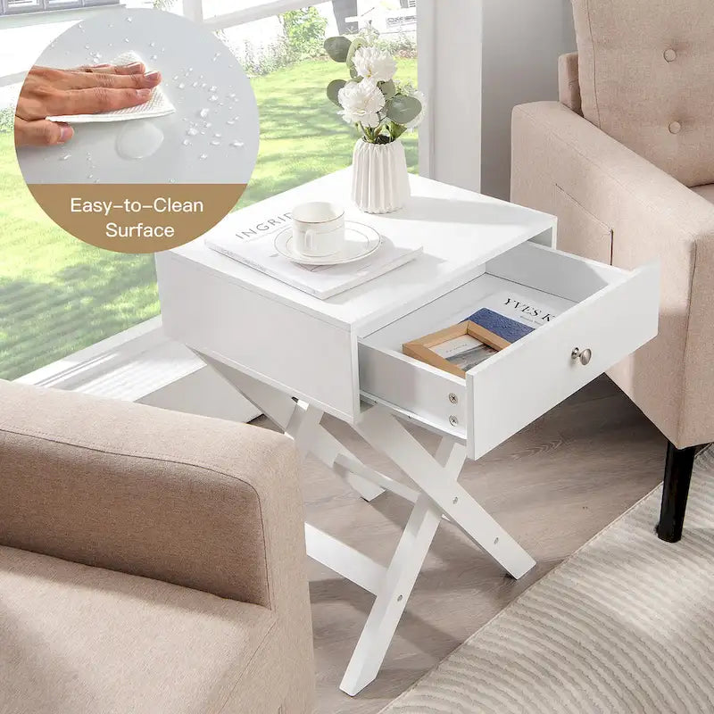 Table de chevet moderne en X avec tiroir et poignée ronde en métal – Blanc / Noir