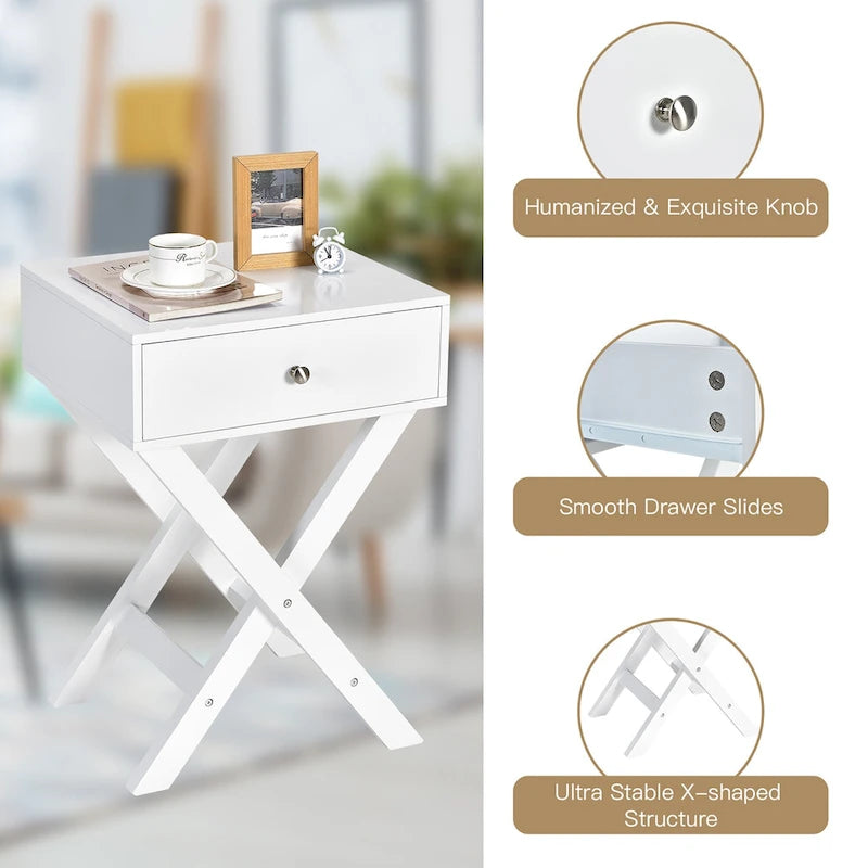 Table de chevet moderne en X avec tiroir et poignée ronde en métal – Blanc / Noir