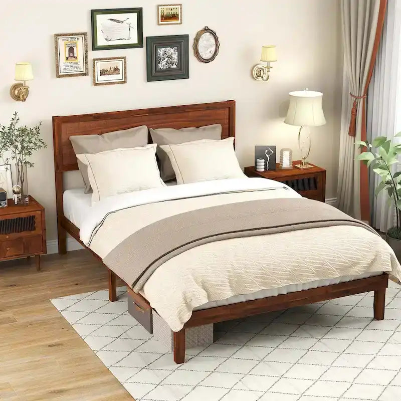 Cadre de lit plateforme rustique en bois avec tête de lit et rangement sous le lit