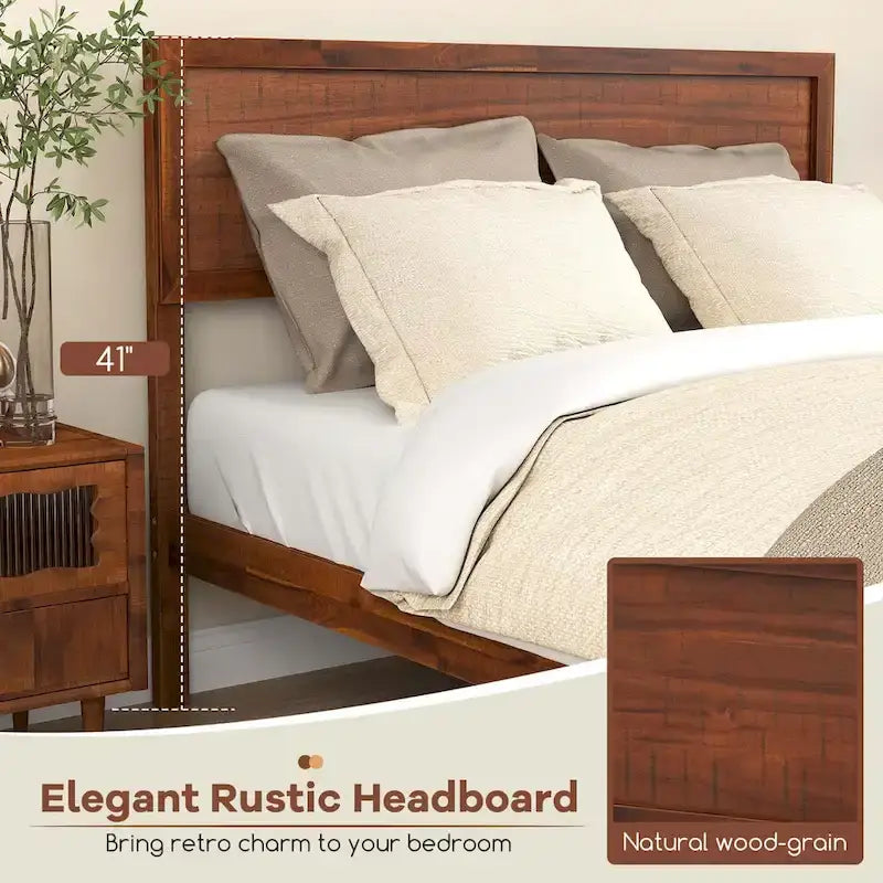 Cadre de lit plateforme rustique en bois avec tête de lit et rangement sous le lit