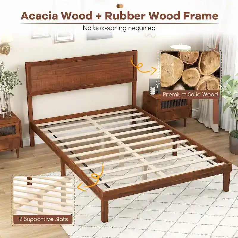 Cadre de lit plateforme rustique en bois avec tête de lit et rangement sous le lit