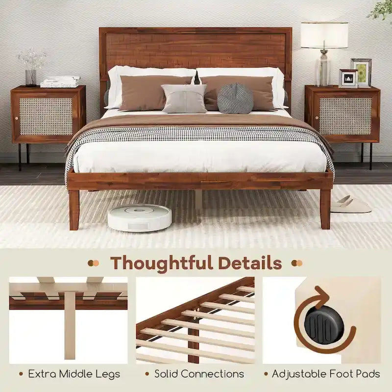 Cadre de lit plateforme rustique en bois avec tête de lit et rangement sous le lit