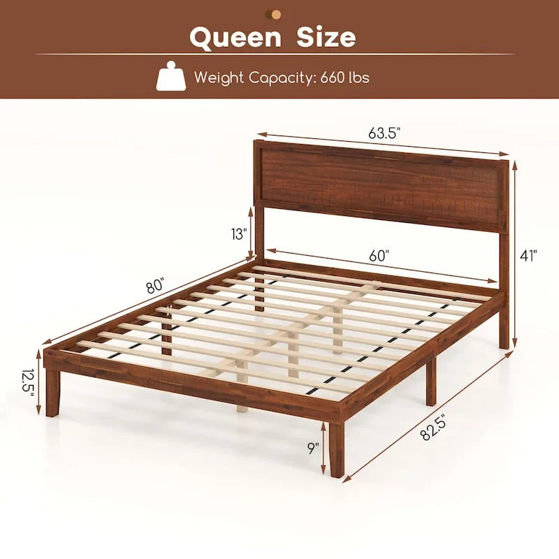 Cadre de lit plateforme rustique en bois avec tête de lit et rangement sous le lit