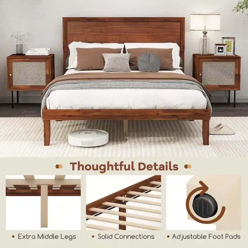 Cadre de lit plateforme rustique en bois avec tête de lit et rangement sous le lit