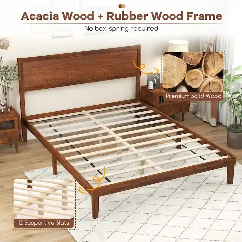 Cadre de lit plateforme rustique en bois avec tête de lit et rangement sous le lit