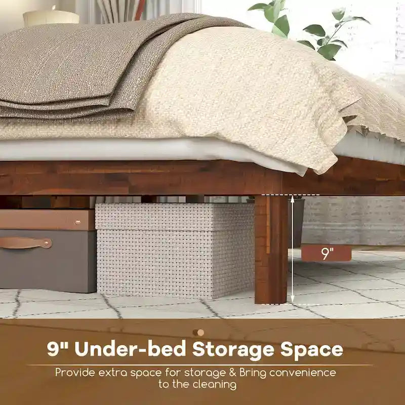 Cadre de lit plateforme rustique en bois avec tête de lit et rangement sous le lit