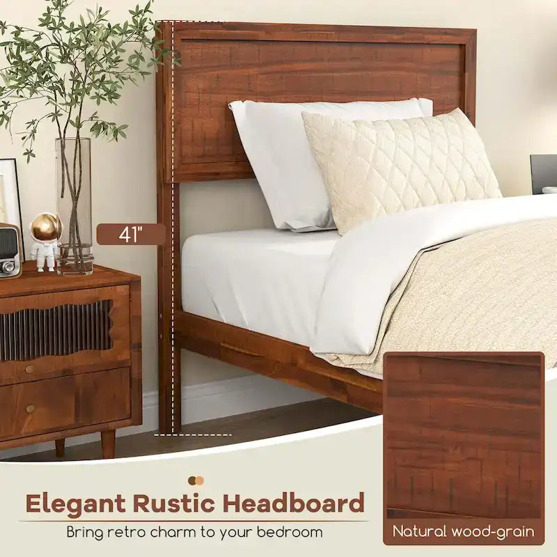 Cadre de lit plateforme rustique en bois avec tête de lit et rangement sous le lit