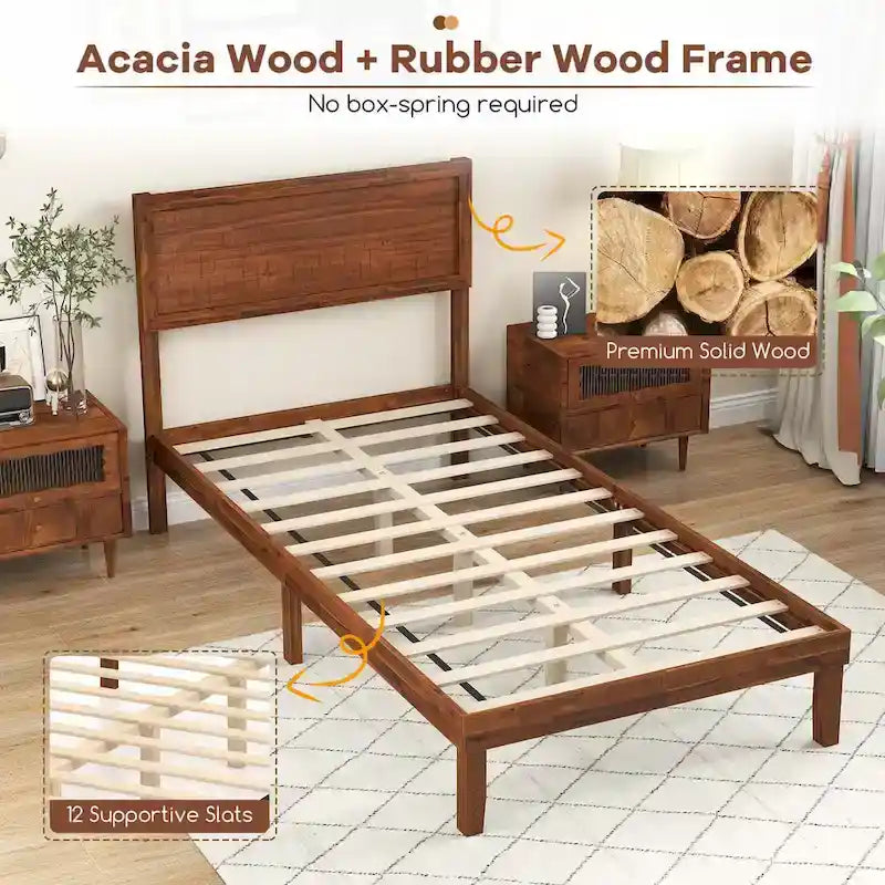 Cadre de lit plateforme rustique en bois avec tête de lit et rangement sous le lit