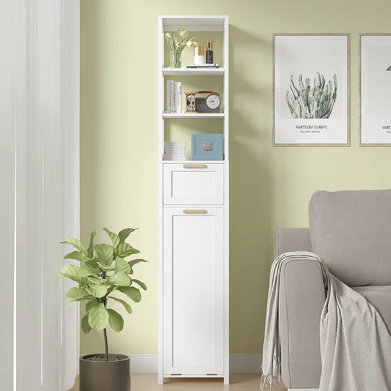 Meuble de salle de bain avec panier à linge basculant, tiroir et étagères