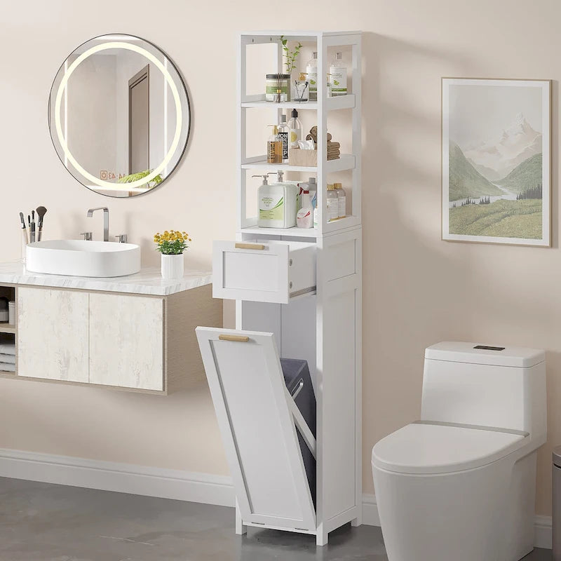 Meuble de salle de bain avec panier à linge basculant, tiroir et étagères