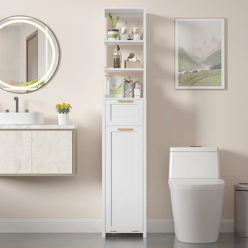 Meuble de salle de bain avec panier à linge basculant, tiroir et étagères