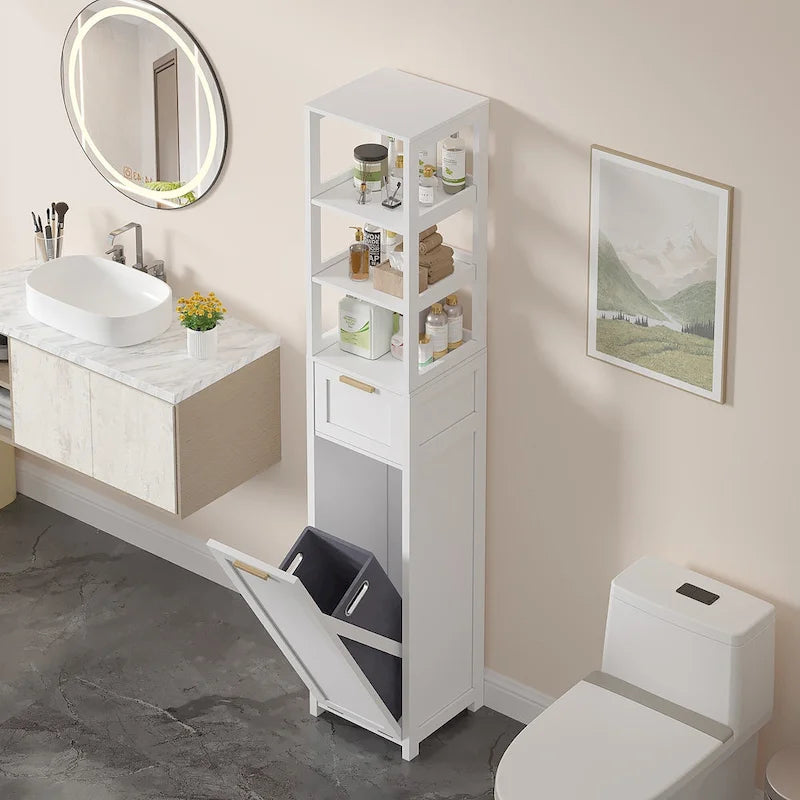 Meuble de salle de bain avec panier à linge basculant, tiroir et étagères