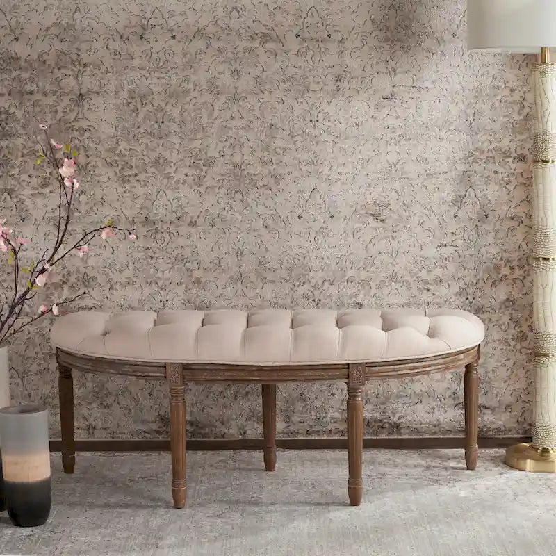 Banc semi-circulaire rustique d'inspiration française, rembourré avec cadre en bois – Velours beige / gris
