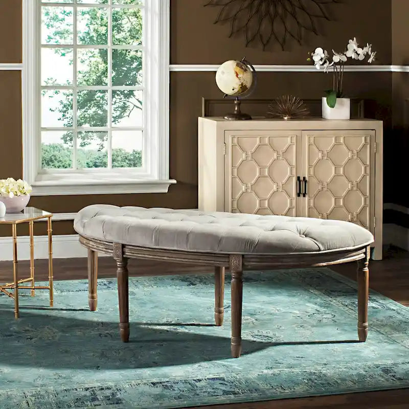 Banc semi-circulaire rustique d'inspiration française, rembourré avec cadre en bois – Velours beige / gris