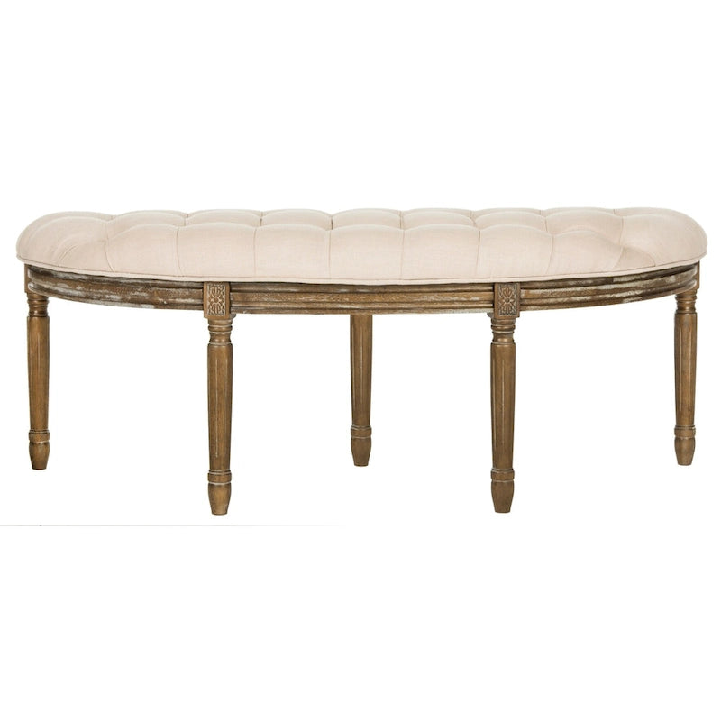 Banc semi-circulaire rustique d'inspiration française, rembourré avec cadre en bois – Velours beige / gris