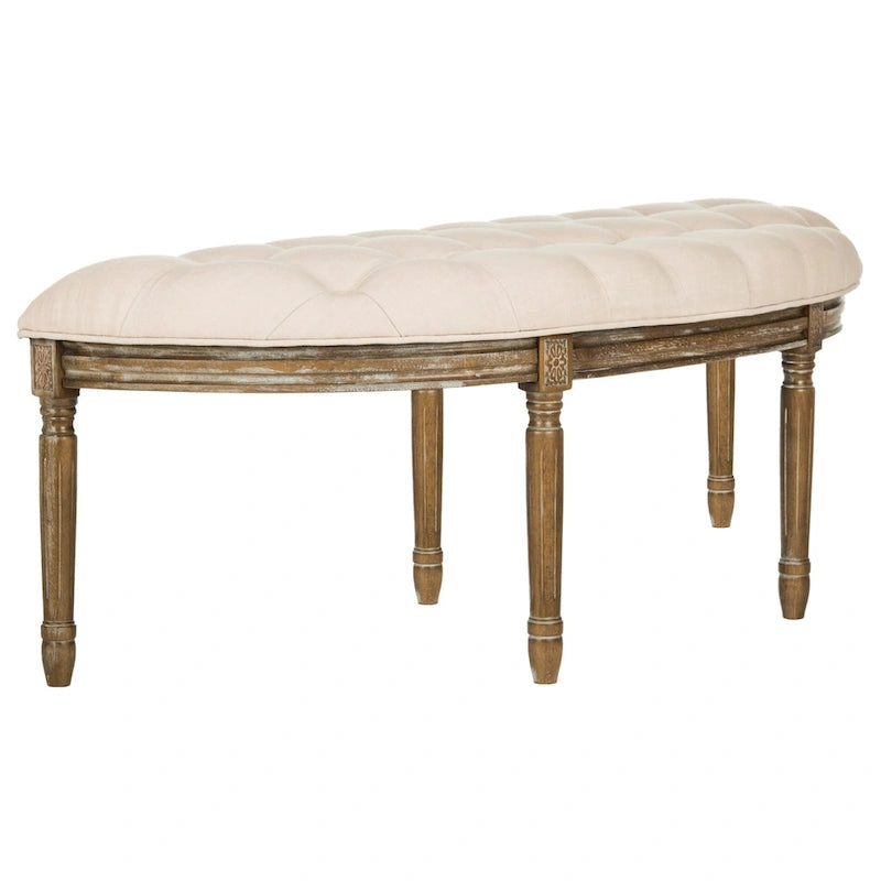 Banc semi-circulaire rustique d'inspiration française, rembourré avec cadre en bois – Velours beige / gris