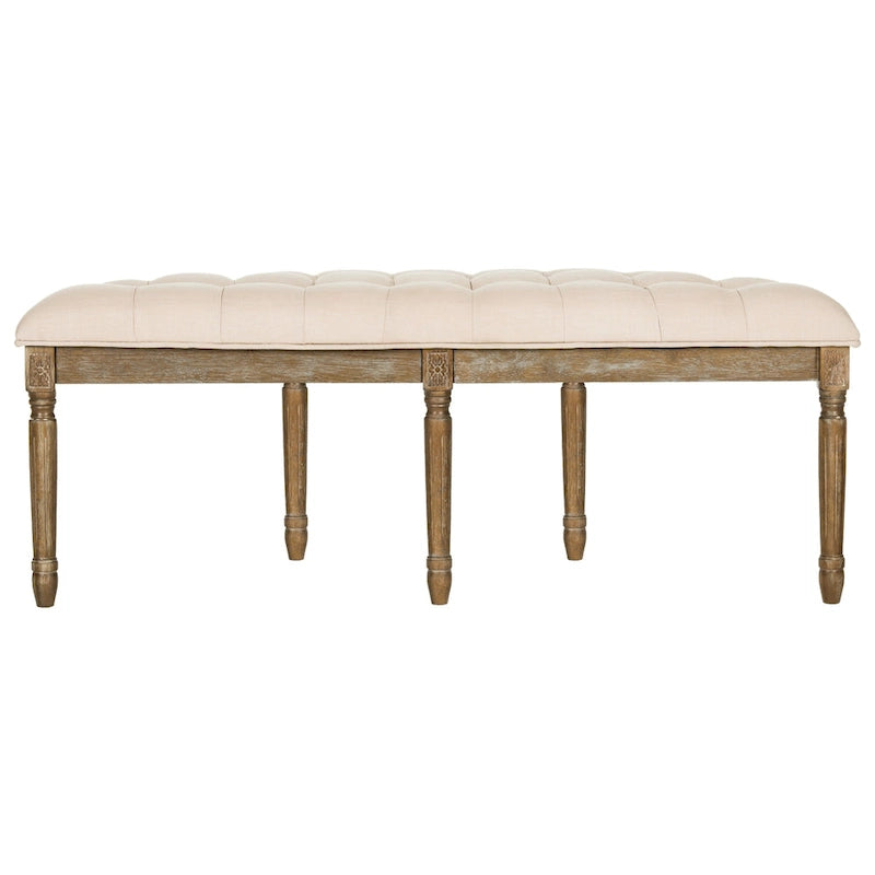 Banc semi-circulaire rustique d'inspiration française, rembourré avec cadre en bois – Velours beige / gris