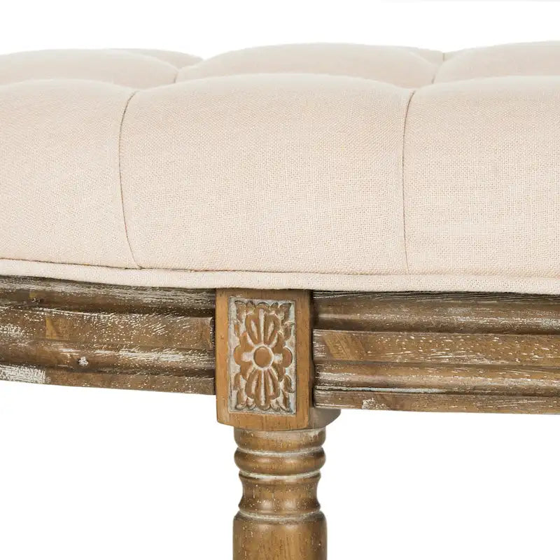 Banc semi-circulaire rustique d'inspiration française, rembourré avec cadre en bois – Velours beige / gris