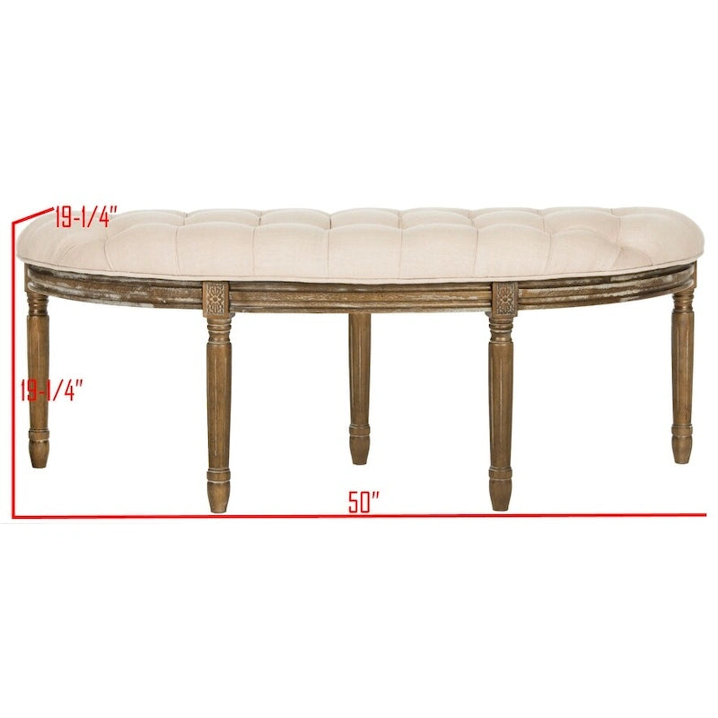 Banc semi-circulaire rustique d'inspiration française, rembourré avec cadre en bois – Velours beige / gris