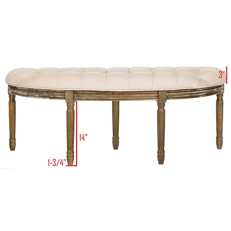 Banc semi-circulaire rustique d'inspiration française, rembourré avec cadre en bois – Velours beige / gris