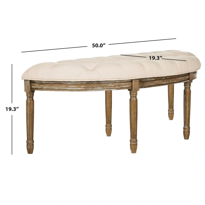 Banc semi-circulaire rustique d'inspiration française, rembourré avec cadre en bois – Velours beige / gris