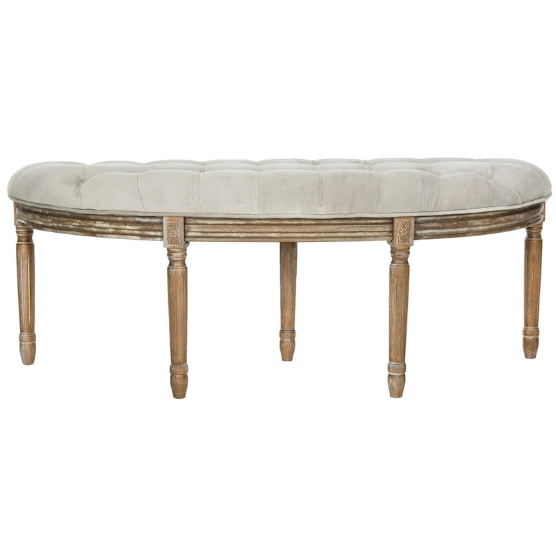 Banc semi-circulaire rustique d'inspiration française, rembourré avec cadre en bois – Velours beige / gris