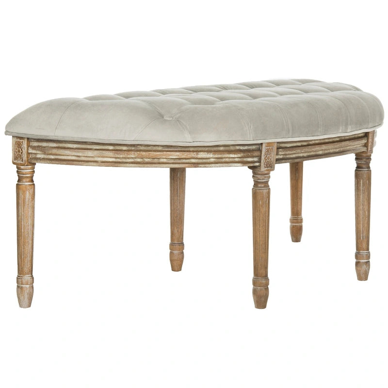 Banc semi-circulaire rustique d'inspiration française, rembourré avec cadre en bois – Velours beige / gris