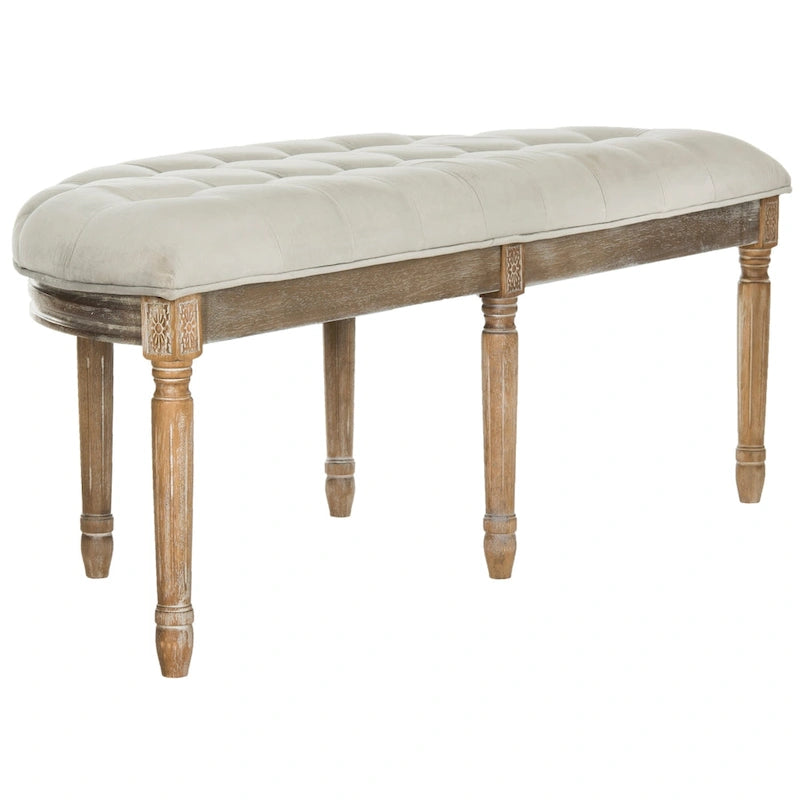 Banc semi-circulaire rustique d'inspiration française, rembourré avec cadre en bois – Velours beige / gris