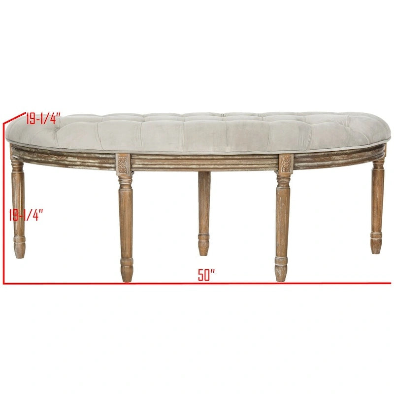 Banc semi-circulaire rustique d'inspiration française, rembourré avec cadre en bois – Velours beige / gris