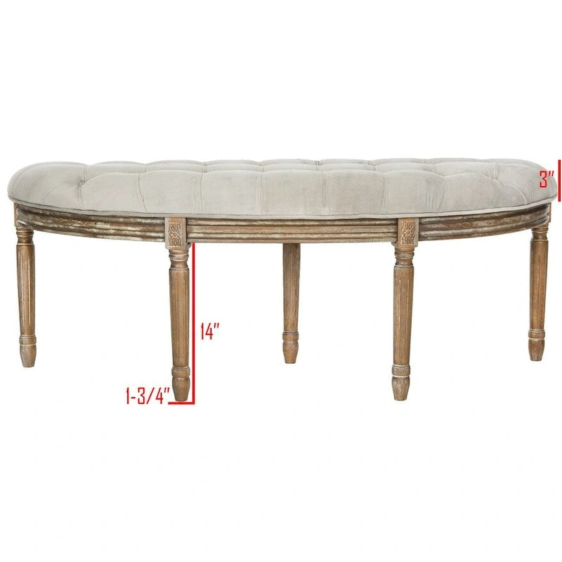 Banc semi-circulaire rustique d'inspiration française, rembourré avec cadre en bois – Velours beige / gris
