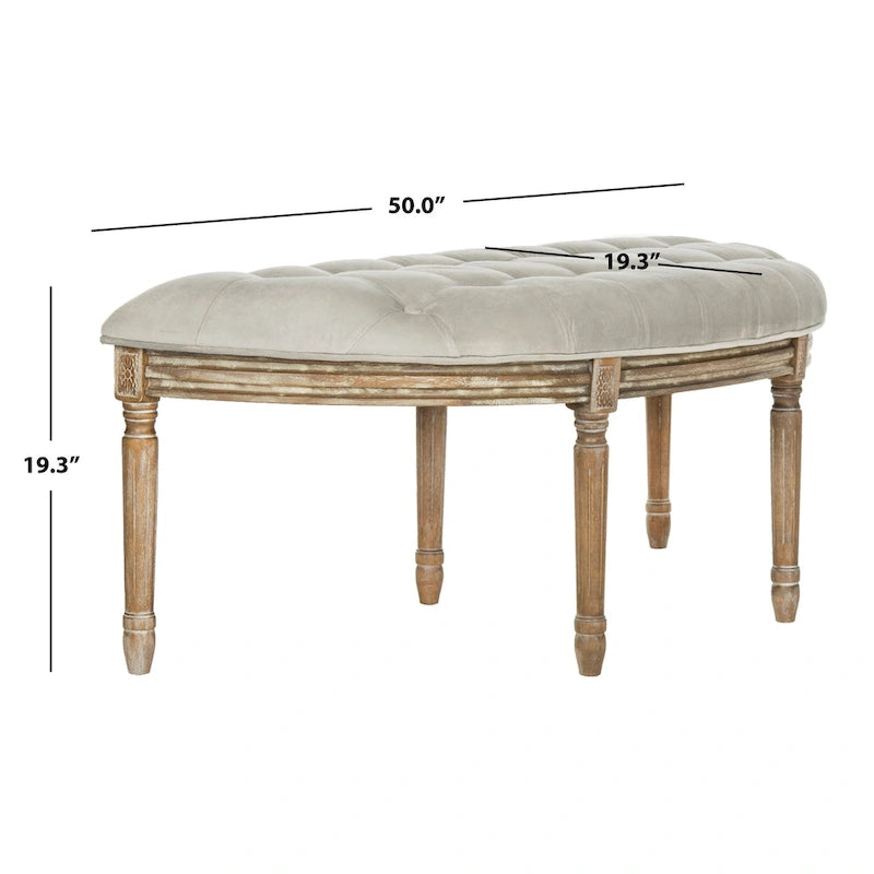 Banc semi-circulaire rustique d'inspiration française, rembourré avec cadre en bois – Velours beige / gris