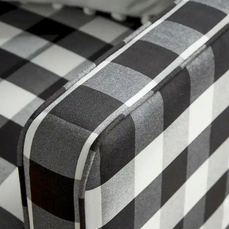Fauteuil d'appoint à carreaux vichy noir et blanc avec dossier capitonné et pieds en bois