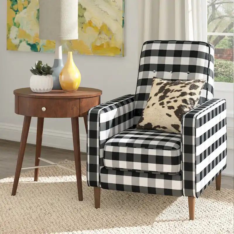 Fauteuil d'appoint à carreaux vichy noir et blanc avec dossier capitonné et pieds en bois