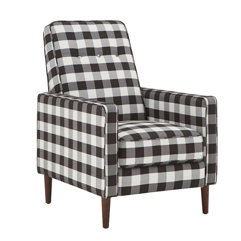 Fauteuil d'appoint à carreaux vichy noir et blanc avec dossier capitonné et pieds en bois