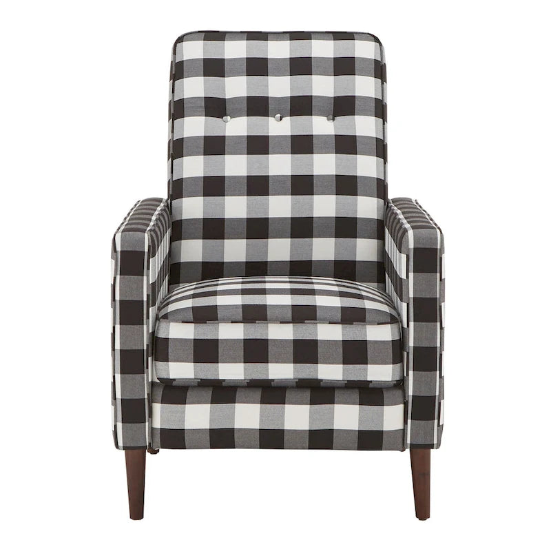 Fauteuil d'appoint à carreaux vichy noir et blanc avec dossier capitonné et pieds en bois