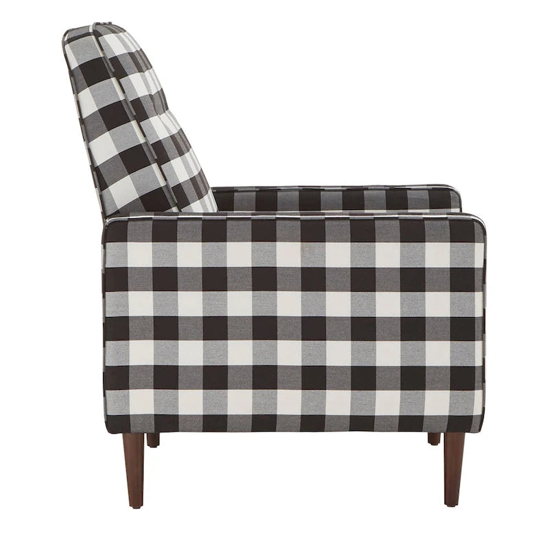 Fauteuil d'appoint à carreaux vichy noir et blanc avec dossier capitonné et pieds en bois